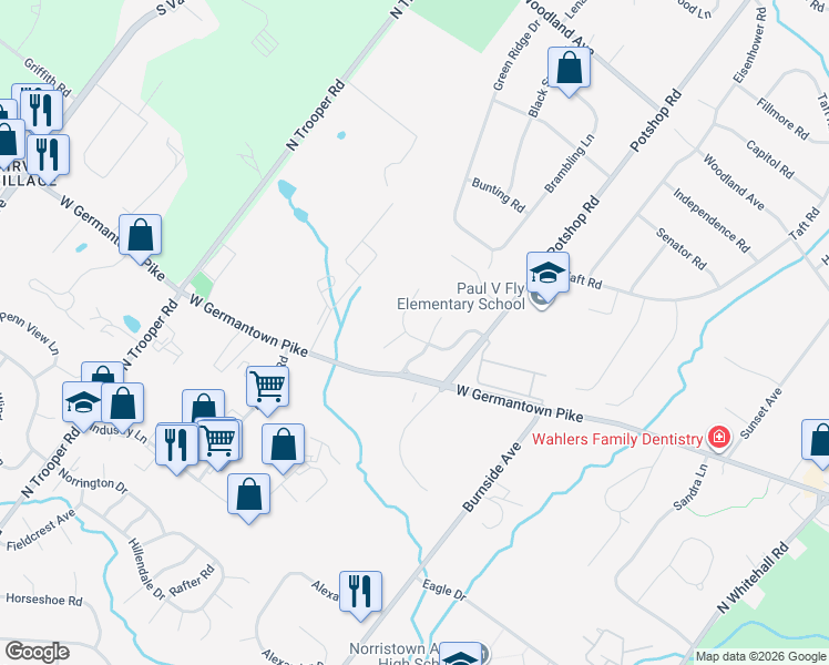 map of restaurants, bars, coffee shops, grocery stores, and more near 2608 Bridle Path Road in East Norriton