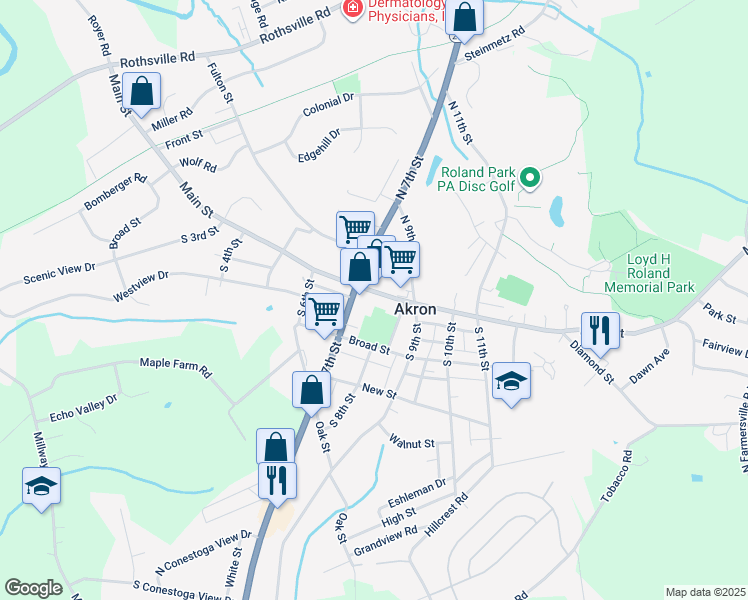 map of restaurants, bars, coffee shops, grocery stores, and more near 722 Main Street in Akron
