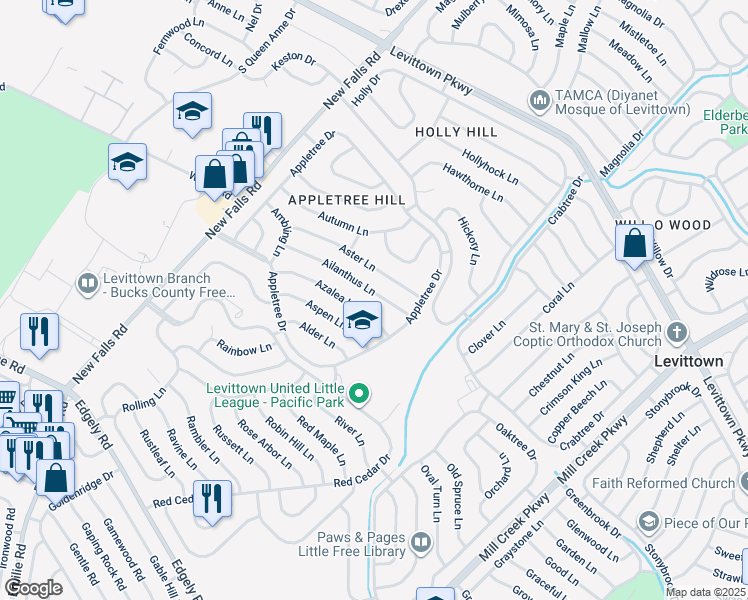 map of restaurants, bars, coffee shops, grocery stores, and more near 23 Ailanthus Lane in Levittown
