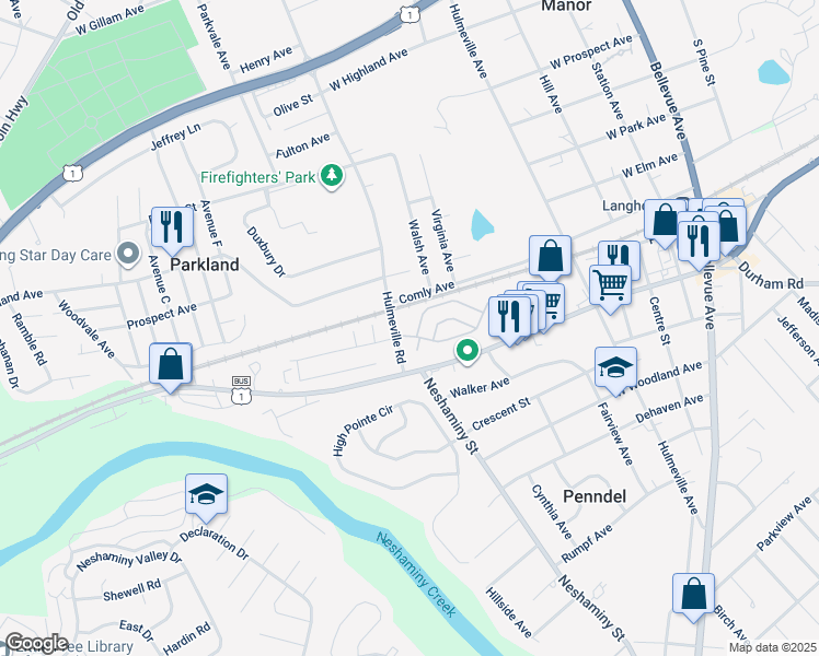 map of restaurants, bars, coffee shops, grocery stores, and more near 684 Sparrow Lane in Langhorne