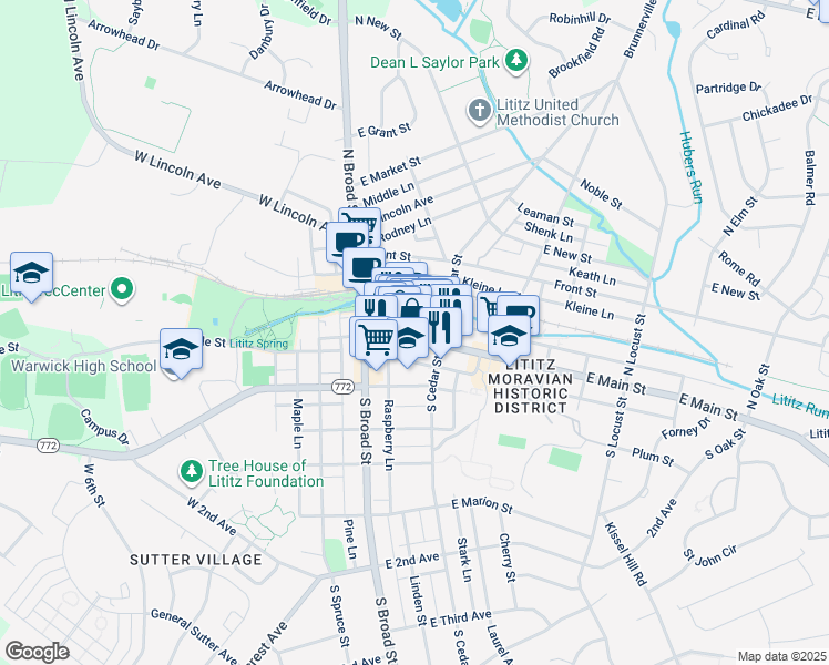 map of restaurants, bars, coffee shops, grocery stores, and more near 53 East Main Street in Lititz