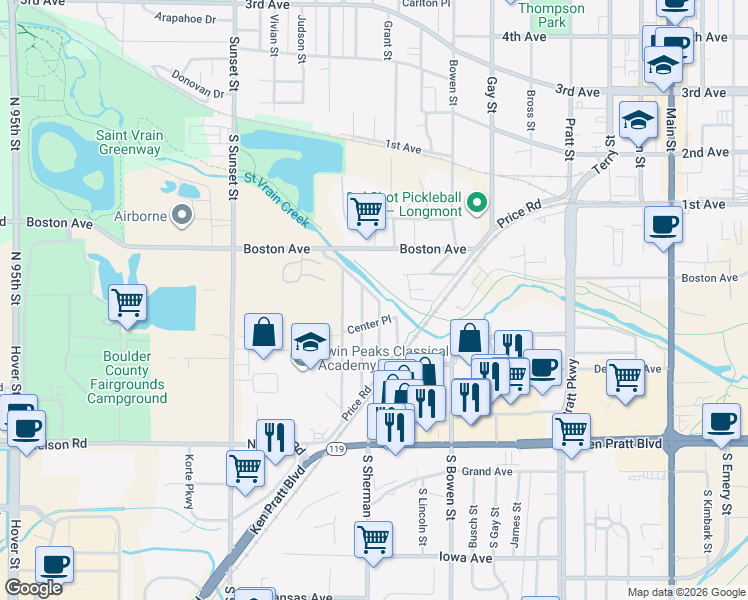 map of restaurants, bars, coffee shops, grocery stores, and more near 314 Barnard Court in Longmont