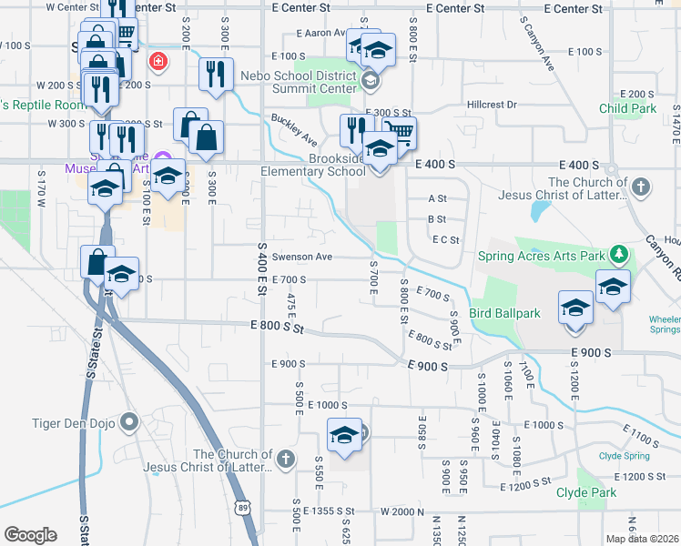 map of restaurants, bars, coffee shops, grocery stores, and more near 592 East 700 South in Springville
