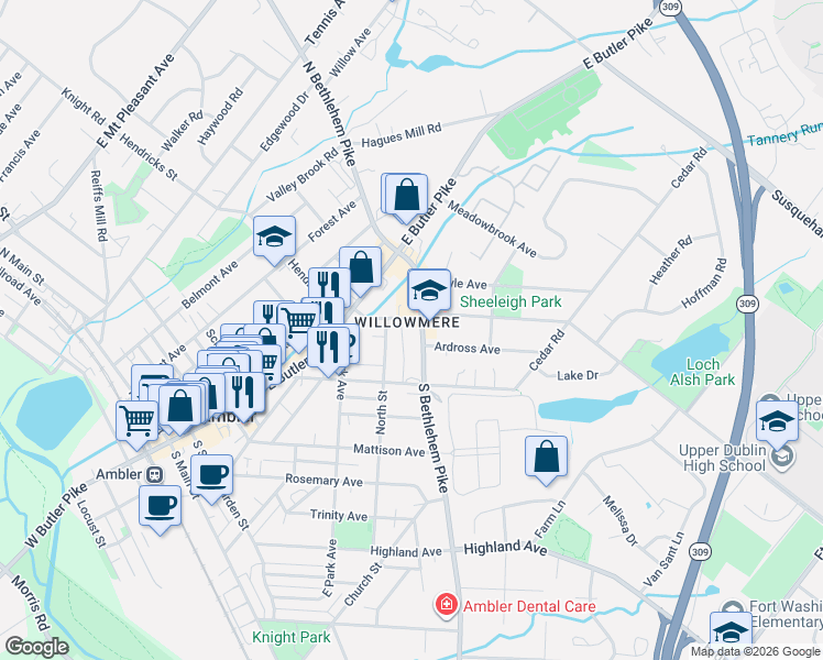 map of restaurants, bars, coffee shops, grocery stores, and more near 76 South Bethlehem Pike in Ambler