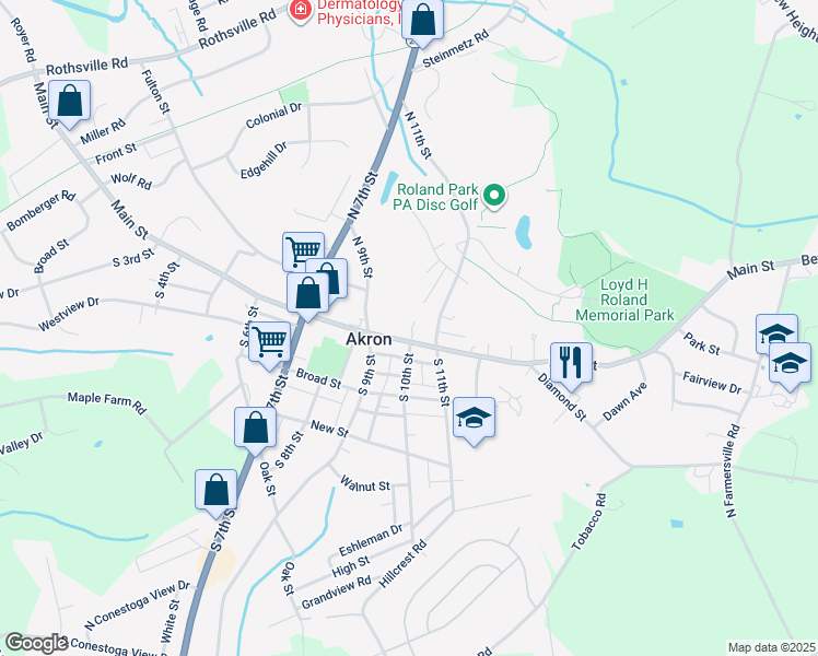 map of restaurants, bars, coffee shops, grocery stores, and more near 1014 Main Street in Akron
