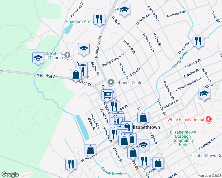 map of restaurants, bars, coffee shops, grocery stores, and more near 325 North Cherry Alley in Elizabethtown