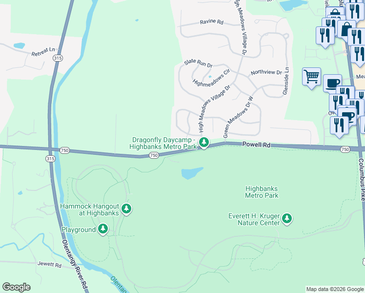 map of restaurants, bars, coffee shops, grocery stores, and more near 671 Slate Hollow Court in Powell