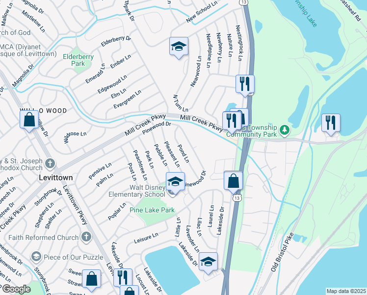 map of restaurants, bars, coffee shops, grocery stores, and more near 40 Pond Lane in Levittown