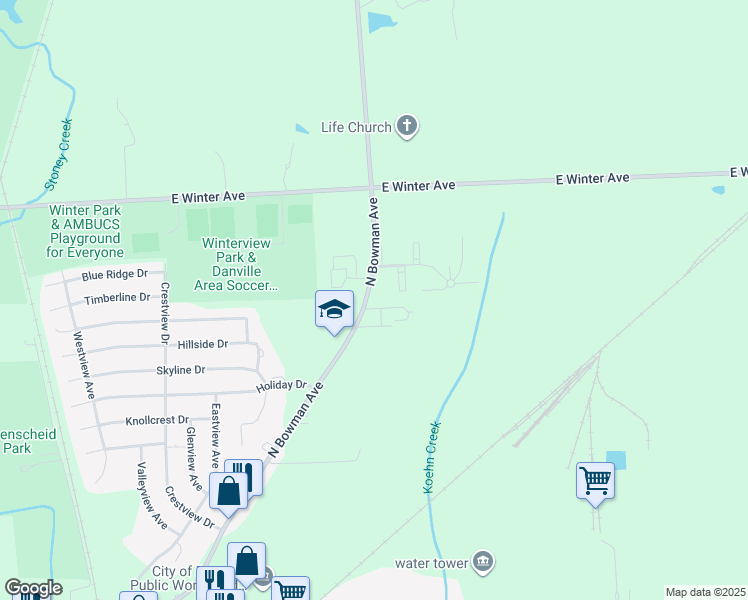 map of restaurants, bars, coffee shops, grocery stores, and more near 1935 North Bowman Avenue in Danville