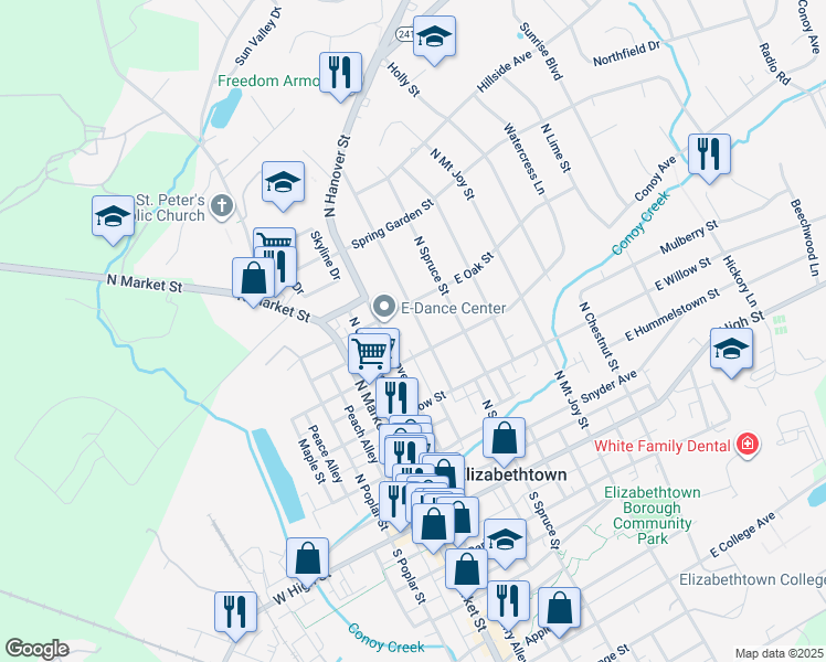 map of restaurants, bars, coffee shops, grocery stores, and more near 324 Highlawn Avenue in Elizabethtown