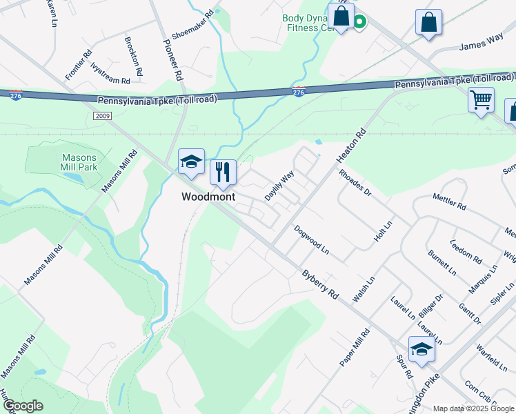 map of restaurants, bars, coffee shops, grocery stores, and more near 1664 Silver Birch Road in Montgomery County