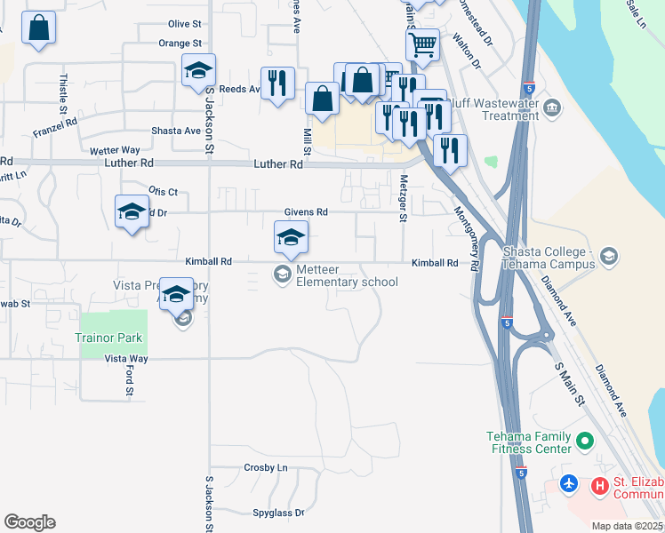 map of restaurants, bars, coffee shops, grocery stores, and more near 565 Kimball Road in Red Bluff