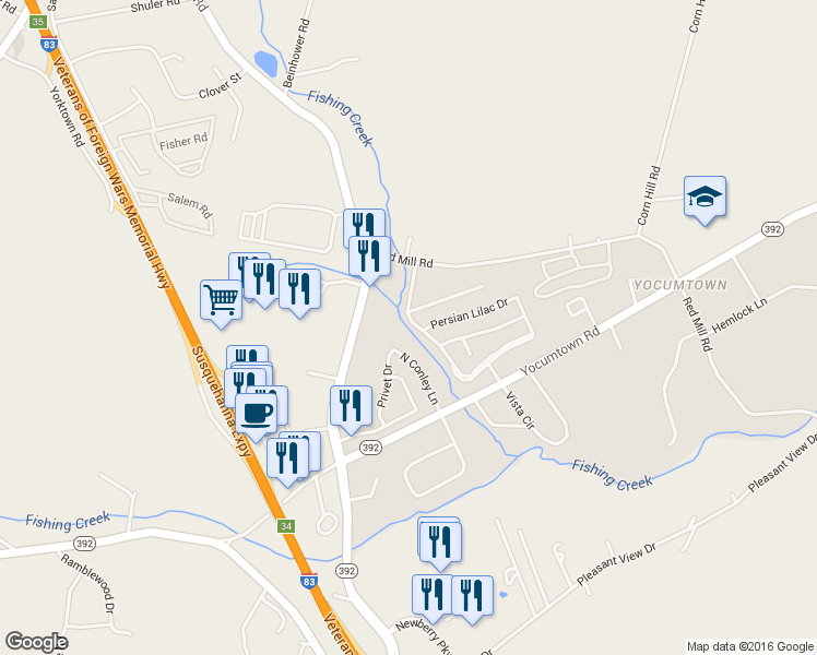 map of restaurants, bars, coffee shops, grocery stores, and more near 220 White Dogwood Drive in Etters