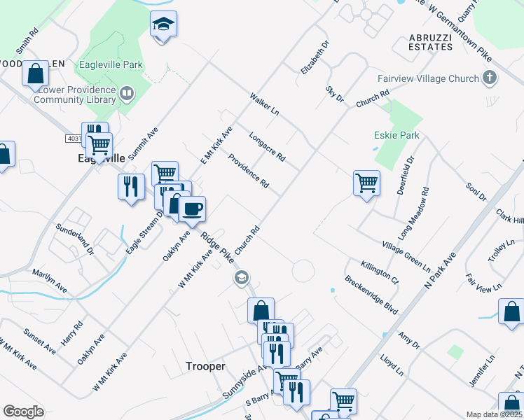 map of restaurants, bars, coffee shops, grocery stores, and more near 103 Church Rd in Eagleville