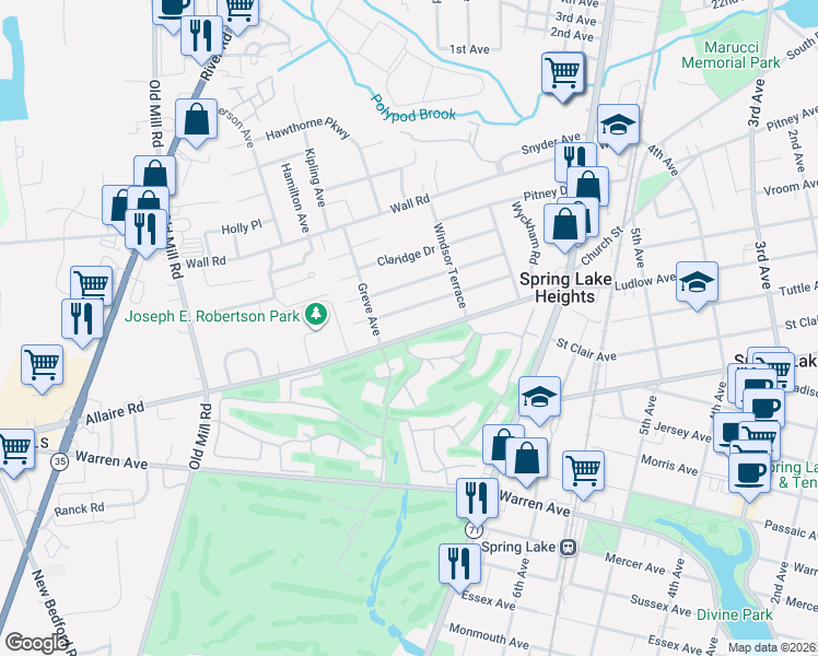 map of restaurants, bars, coffee shops, grocery stores, and more near 1 Locust Way in Spring Lake