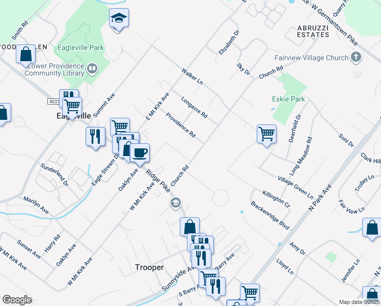 map of restaurants, bars, coffee shops, grocery stores, and more near 103 Church Rd in Eagleville