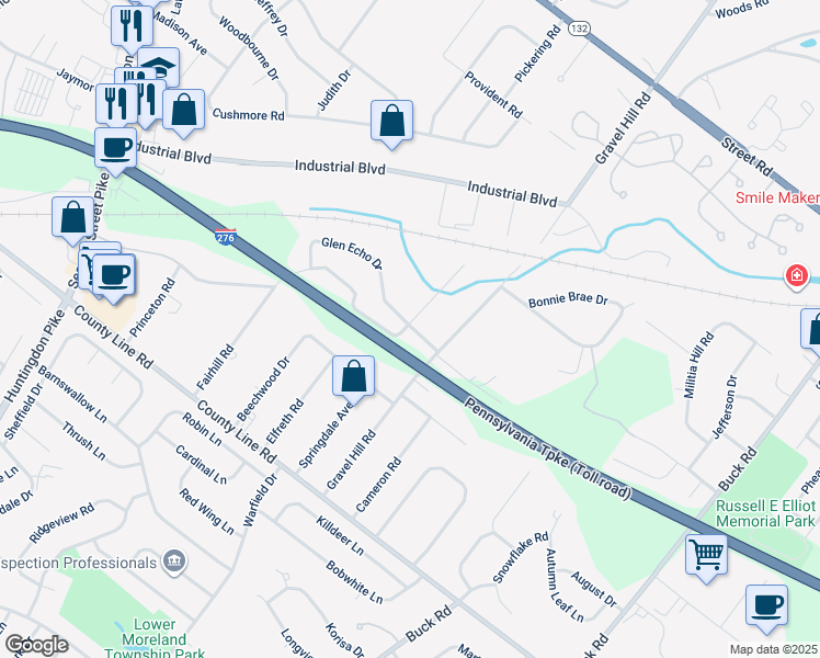 map of restaurants, bars, coffee shops, grocery stores, and more near 1388 Glen Echo Drive in Bucks County