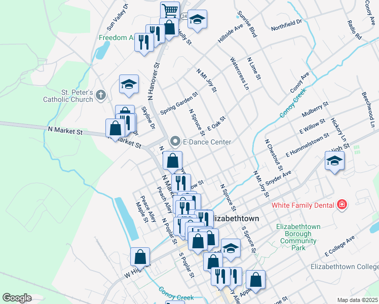 map of restaurants, bars, coffee shops, grocery stores, and more near 324 Highlawn Avenue in Elizabethtown