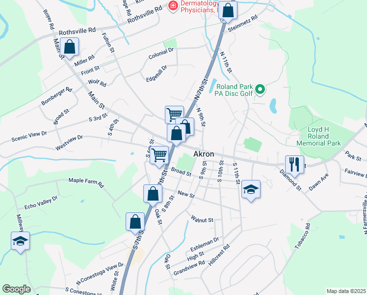 map of restaurants, bars, coffee shops, grocery stores, and more near 722 Main Street in Akron