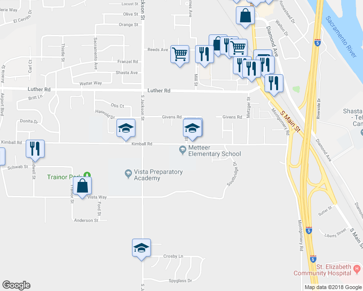map of restaurants, bars, coffee shops, grocery stores, and more near 695 Kimball Road in Red Bluff