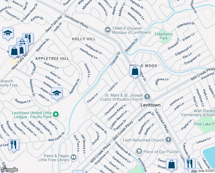 map of restaurants, bars, coffee shops, grocery stores, and more near 9 Crosswood Lane in Levittown