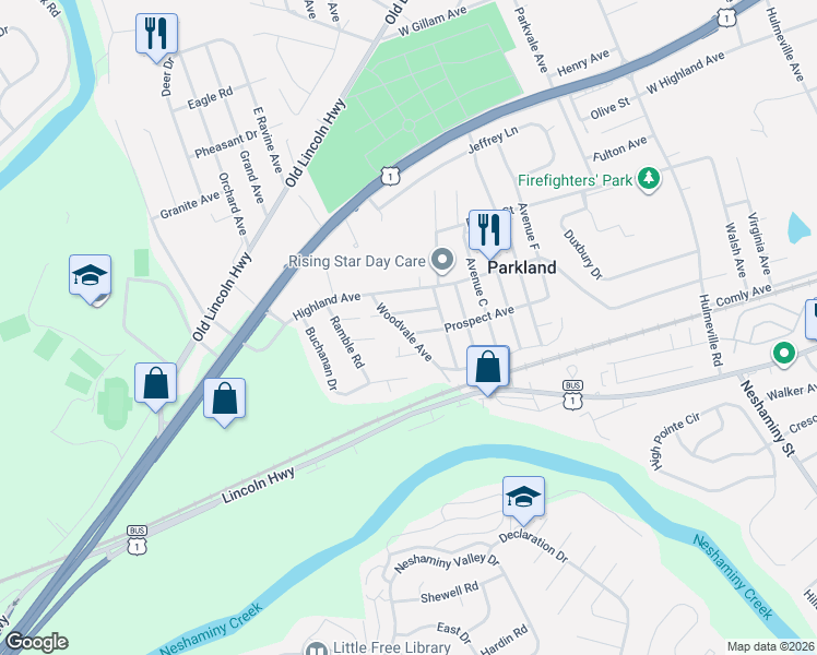 map of restaurants, bars, coffee shops, grocery stores, and more near 1637 Winter Avenue in Langhorne