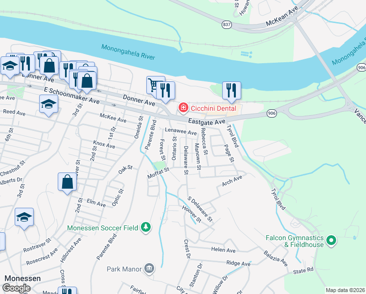 map of restaurants, bars, coffee shops, grocery stores, and more near 515 Delaware Street in Monessen