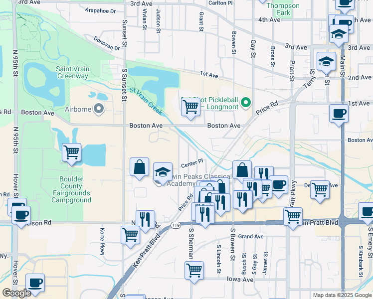 map of restaurants, bars, coffee shops, grocery stores, and more near 314 Barnard Court in Longmont