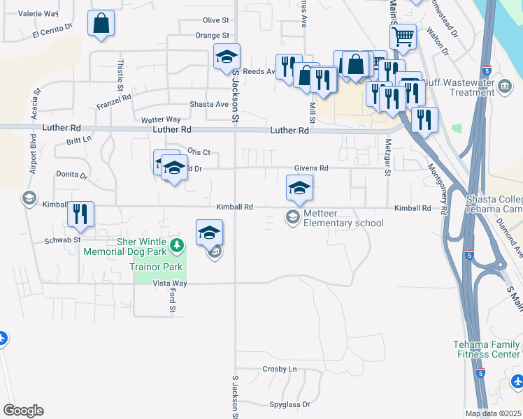 map of restaurants, bars, coffee shops, grocery stores, and more near 705 Kimball Road in Red Bluff
