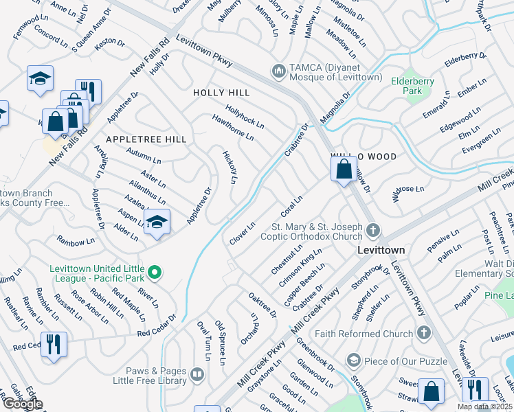 map of restaurants, bars, coffee shops, grocery stores, and more near 326 Crabtree Drive in Levittown