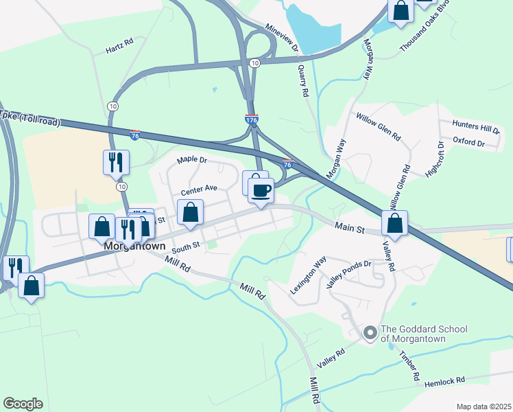 map of restaurants, bars, coffee shops, grocery stores, and more near 3511 Main Street in Morgantown