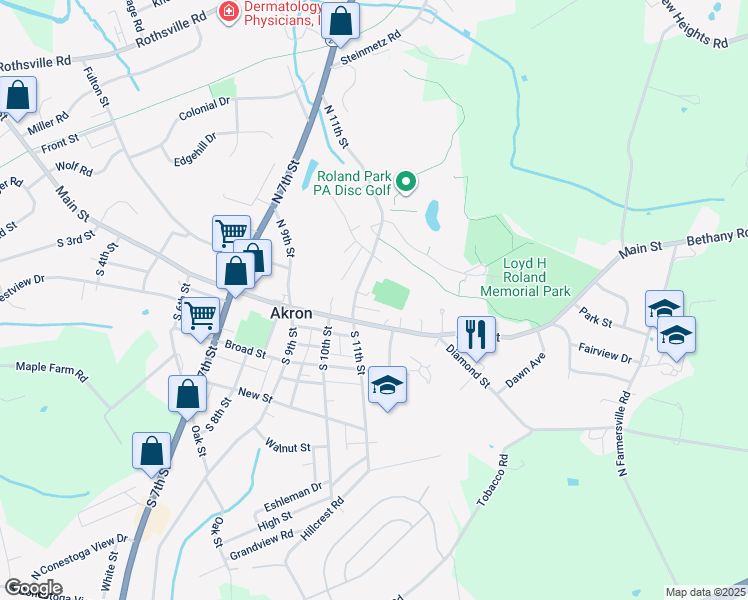 map of restaurants, bars, coffee shops, grocery stores, and more near in Akron