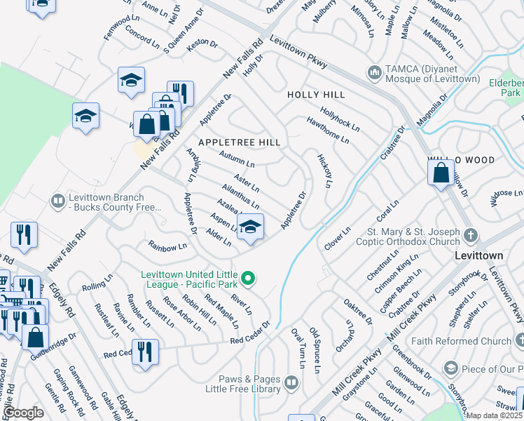 map of restaurants, bars, coffee shops, grocery stores, and more near 23 Ailanthus Lane in Levittown