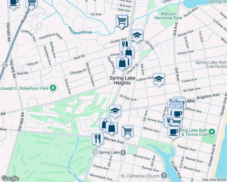 map of restaurants, bars, coffee shops, grocery stores, and more near 98 Walnut Drive in Spring Lake