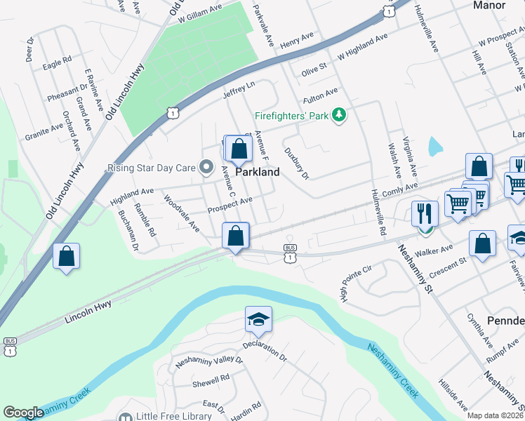 map of restaurants, bars, coffee shops, grocery stores, and more near 1102 Parkland Avenue in Langhorne