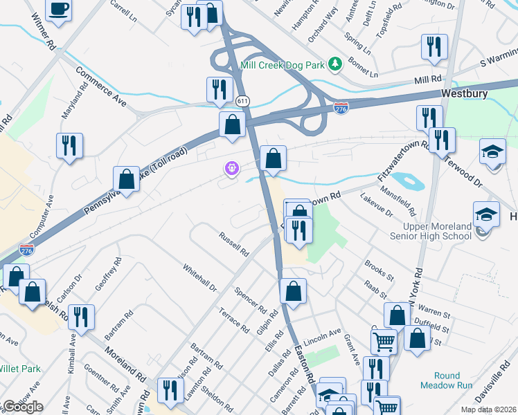 map of restaurants, bars, coffee shops, grocery stores, and more near 524 Andrea Drive in Willow Grove