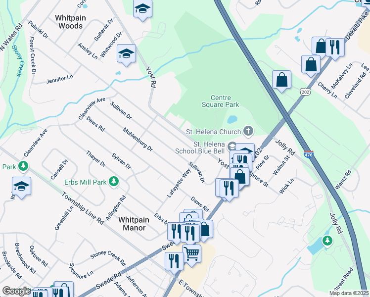 map of restaurants, bars, coffee shops, grocery stores, and more near 1526 Sullivan Drive in Blue Bell