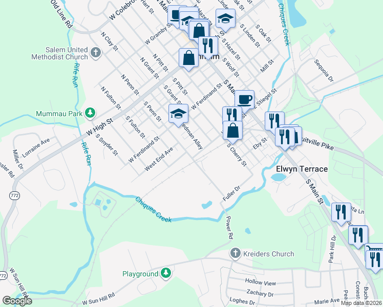 map of restaurants, bars, coffee shops, grocery stores, and more near 311 West Stiegel Street in Manheim