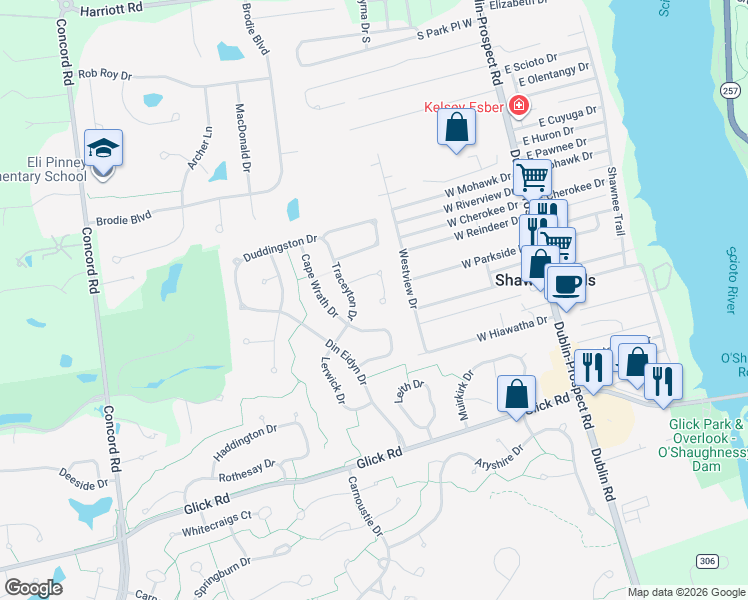 map of restaurants, bars, coffee shops, grocery stores, and more near 9350 Traceyton Drive in Dublin