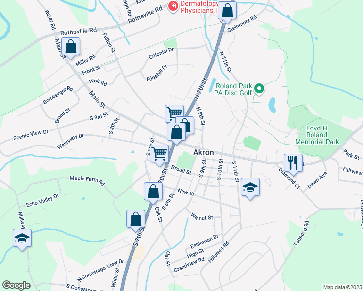 map of restaurants, bars, coffee shops, grocery stores, and more near 718 Main Street in Akron