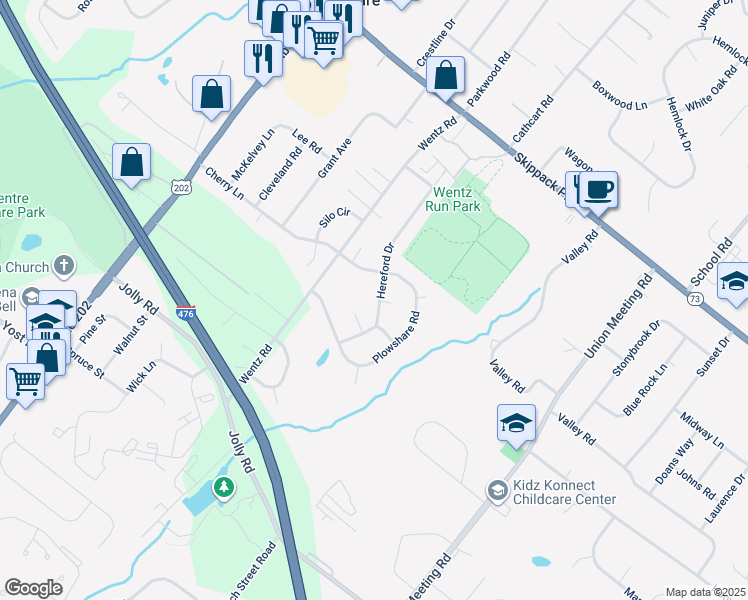 map of restaurants, bars, coffee shops, grocery stores, and more near 1235 Hereford Drive in Blue Bell