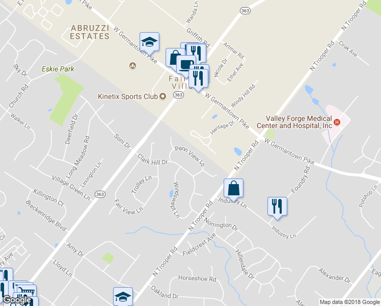 map of restaurants, bars, coffee shops, grocery stores, and more near 3012 Penn View Lane in Eagleville