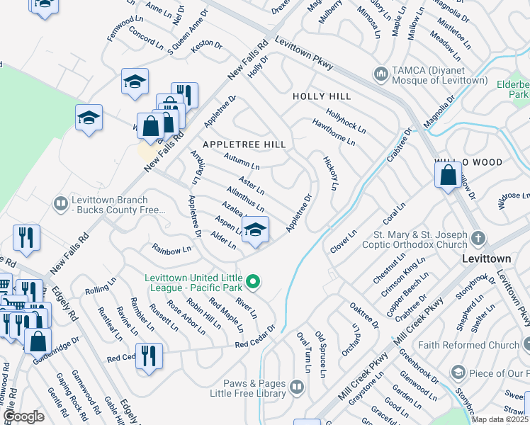 map of restaurants, bars, coffee shops, grocery stores, and more near 27 Ailanthus Lane in Levittown