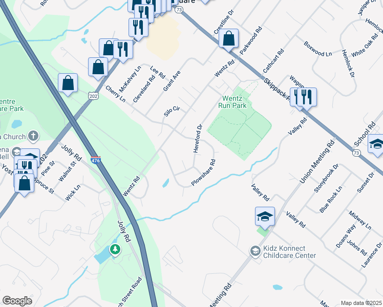 map of restaurants, bars, coffee shops, grocery stores, and more near 1235 Hereford Drive in Blue Bell