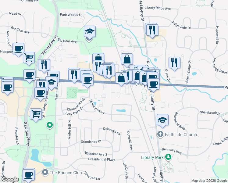 map of restaurants, bars, coffee shops, grocery stores, and more near 187 West Olentangy Street in Powell
