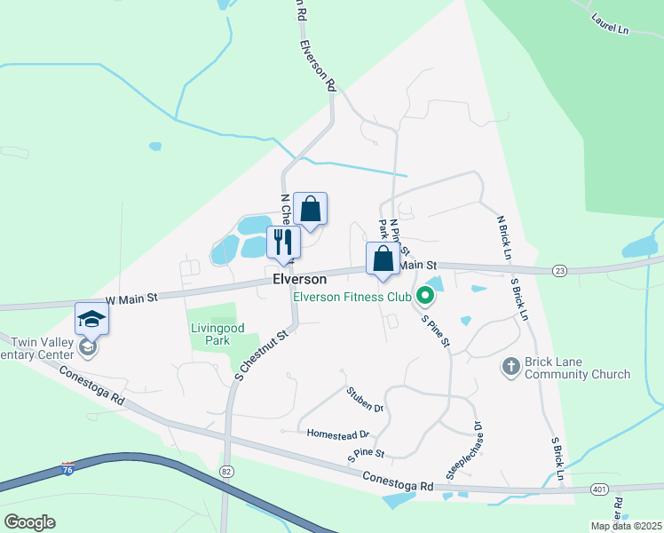 map of restaurants, bars, coffee shops, grocery stores, and more near 32 East Main Street in Elverson