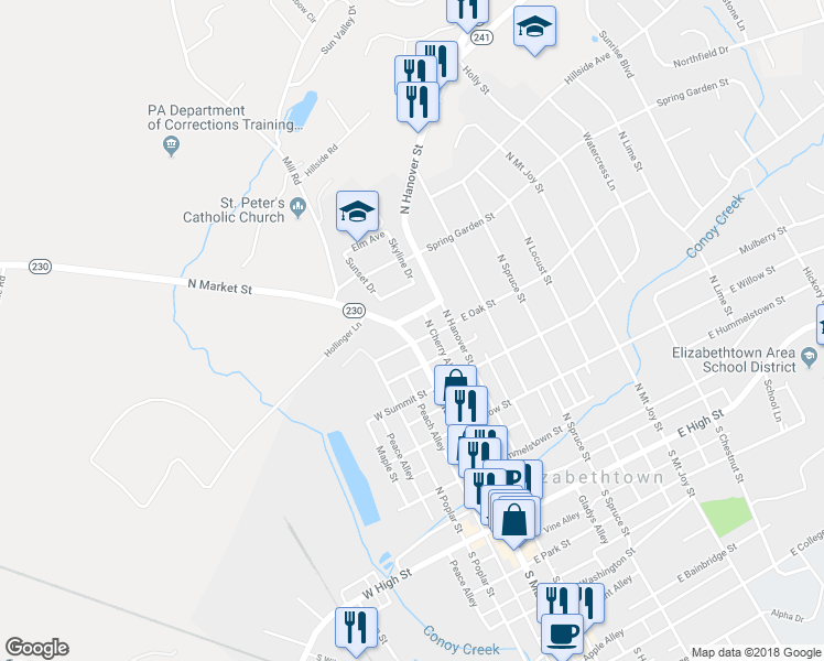 map of restaurants, bars, coffee shops, grocery stores, and more near 417 North Market Street in Elizabethtown