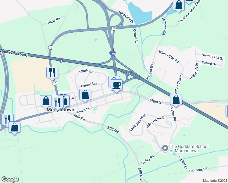 map of restaurants, bars, coffee shops, grocery stores, and more near 3511 Main Street in Morgantown
