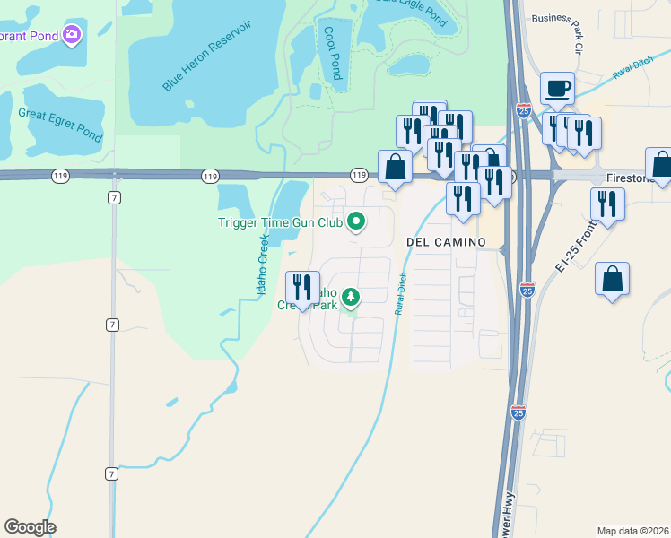 map of restaurants, bars, coffee shops, grocery stores, and more near 10660 Durango Place in Longmont