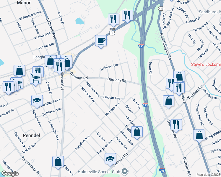 map of restaurants, bars, coffee shops, grocery stores, and more near 460 Quincy Avenue in Langhorne